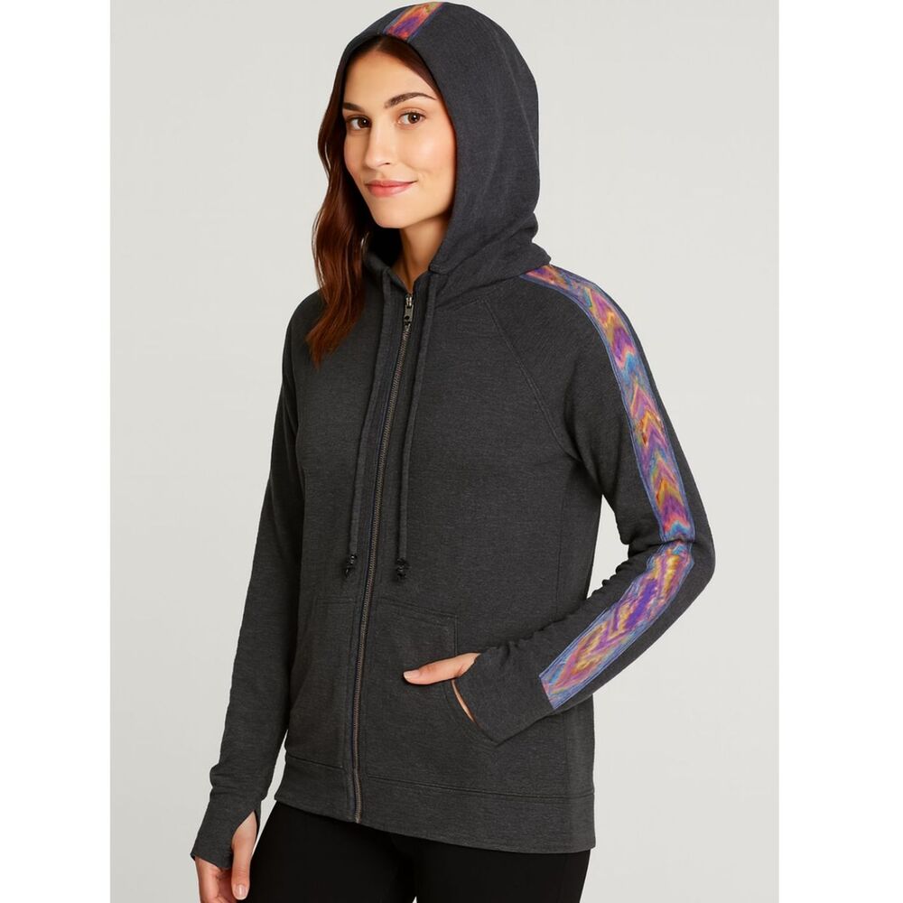 NWT Michael Lauren Zip Hoodie Zigzag Sleeve Trim Cotton-Blend Charcoal Gray XS